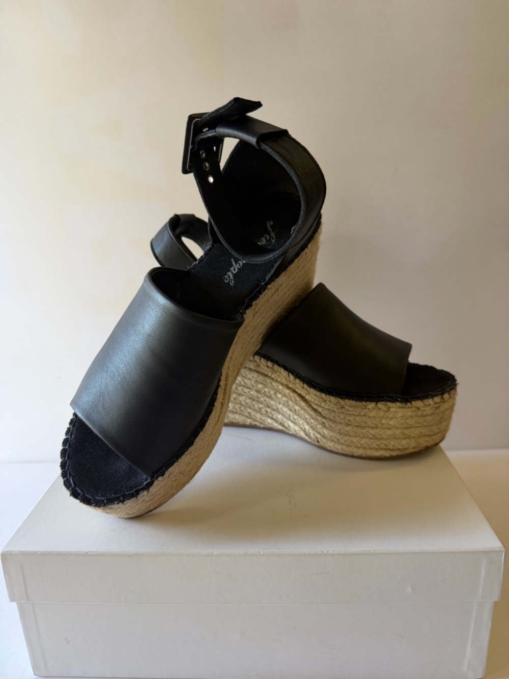 Free people Women’s Black Leather Espadrille Wedge Sandals with Ankle Strap